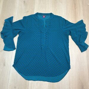 Vince Camuto Teal Blue Geometric Abstract Print Bell Ruffle Sleeve Blouse Medium